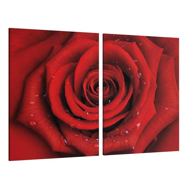 Canvas schilderijen - 2-delig  Red Rose With Water Drops