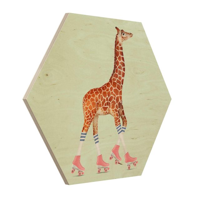 Hexagons houten schilderijen Giraffe With Roller Skates