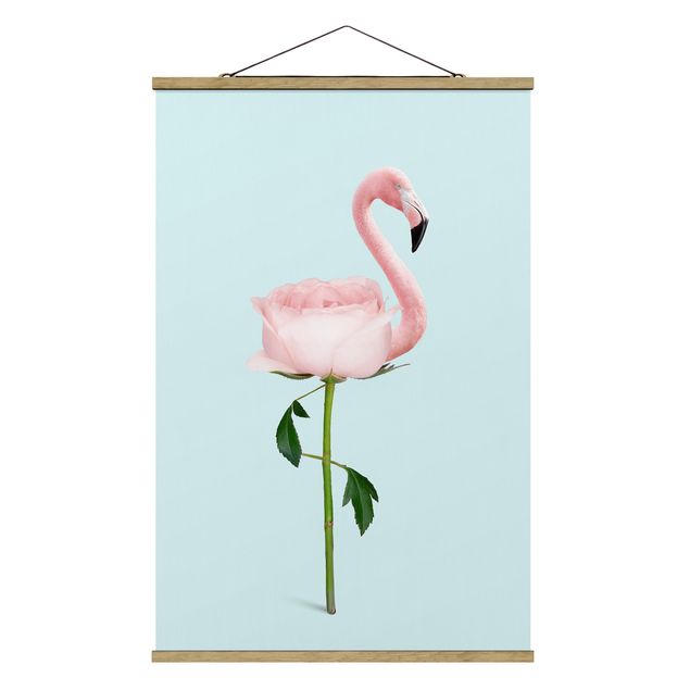 Stoffen schilderij met posterlijst Flamingo With Rose