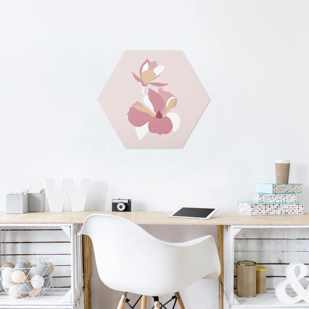 Hexagons Forex schilderijen Line Art Flowers Pastel Pink