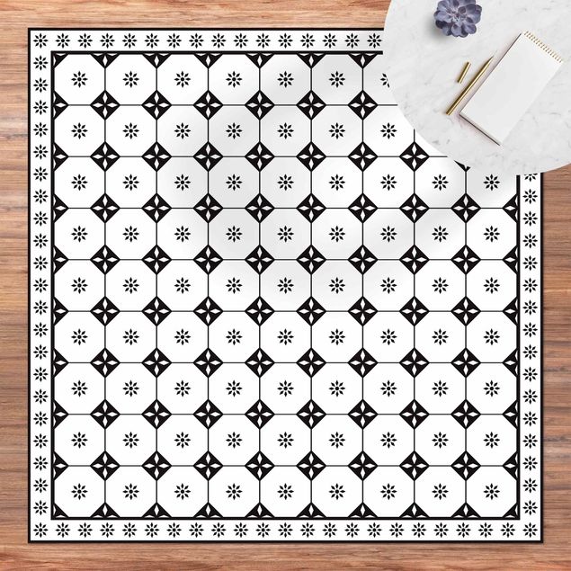 Vloerkleden tegellook Geometrical Tiles Cottage Black And White With Border