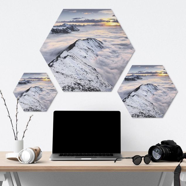 Hexagons Aluminium Dibond schilderijen View Of Clouds And Mountains