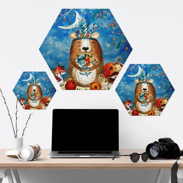 Hexagons Forex schilderijen Watercolor Bear In Moonlight
