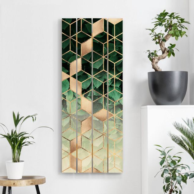 Houten schilderijen op plank Green Leaves Golden Geometry
