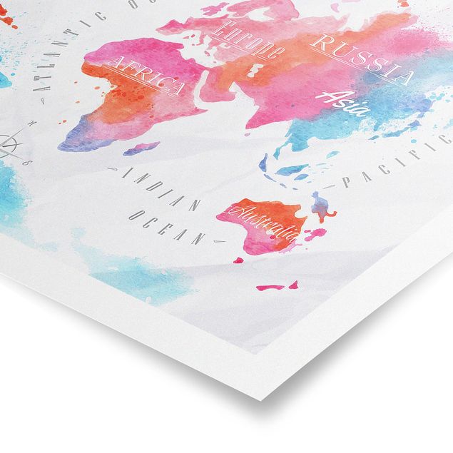 Posters World Map Watercolour Red Blue