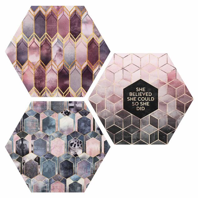 Hexagons Aluminium Dibond schilderijen - 3-delig She Believed Art Deco Set Rose Gold Set II