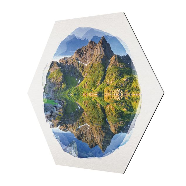 Hexagons Aluminium Dibond schilderijen WaterColours - Mountain Landscape With Water Reflection In Norway