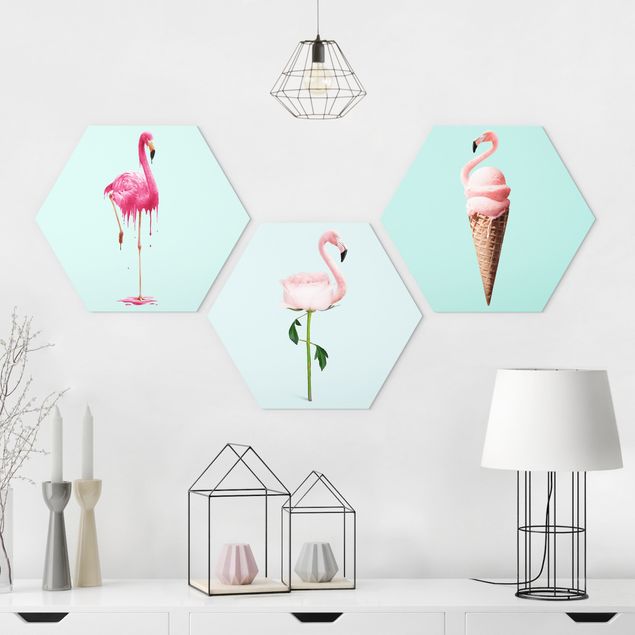 Hexagons Forex schilderijen - 3-delig Flamingo Set