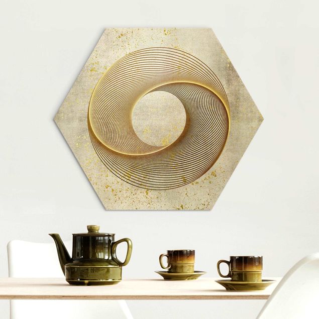 Hexagons Aluminium Dibond schilderijen Line Art Circling Spirale Gold