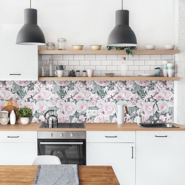 Achterwand voor keuken patroon Nostalgic Peonies In Pastel Pink II