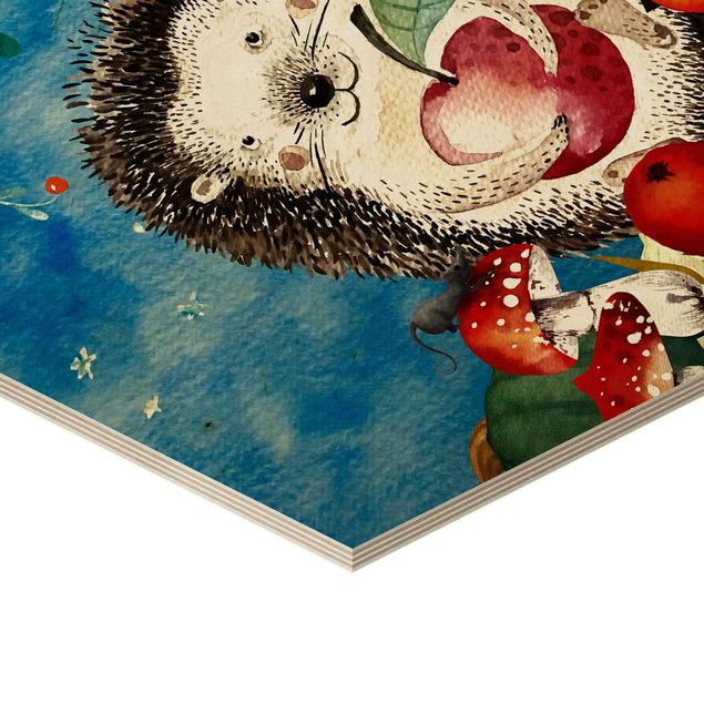 Hexagons houten schilderijen Watercolor Hedgehog In The Moonlight
