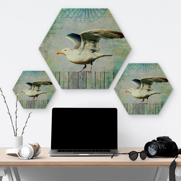 Hexagons houten schilderijen Vintage Collage - Seagull On Wooden Planks