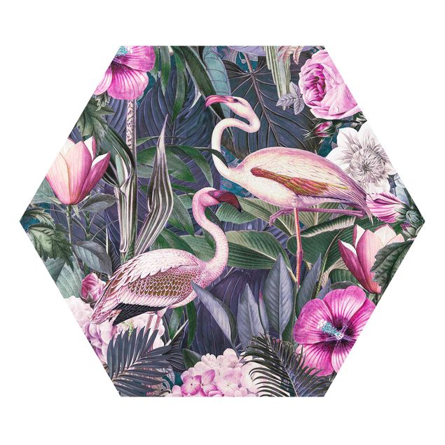 Hexagons Forex schilderijen Colorful Collage - Pink Flamingos In The Jungle