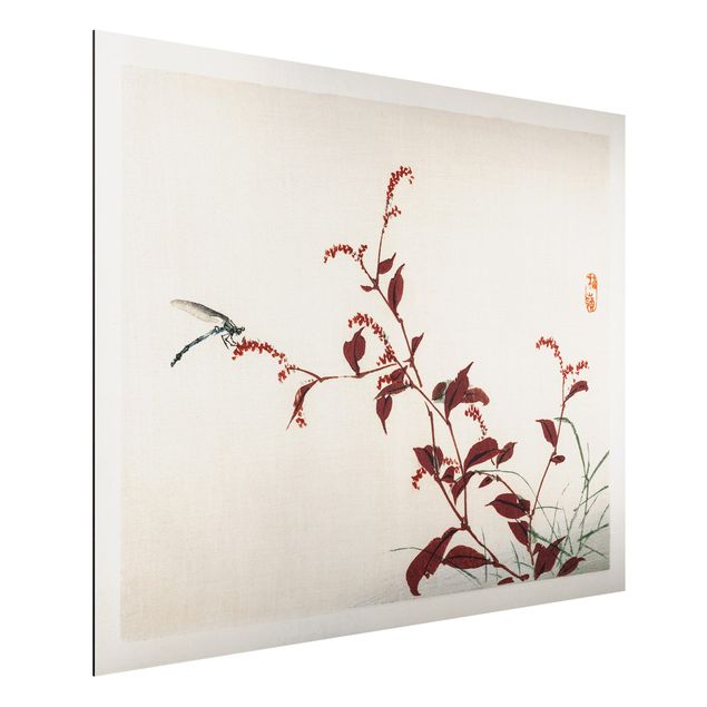 Aluminium Dibond schilderijen Asian Vintage Drawing Red Branch With Dragonfly