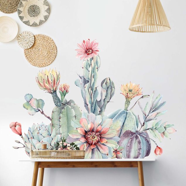 Muurstickers natuur Watercolour Cactus Flower Bouquet XXL
