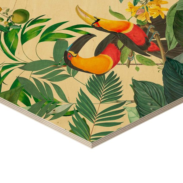 Hexagons houten schilderijen Vintage Collage - Birds In The Jungle