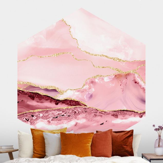 Hexagon Behang Abstract Mountains Pink With Golden Lines