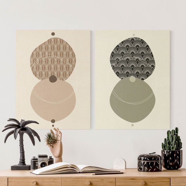 Natuurlijk canvas schilderijen - 2-delig  Abstract Shapes - Circles Beige & Green