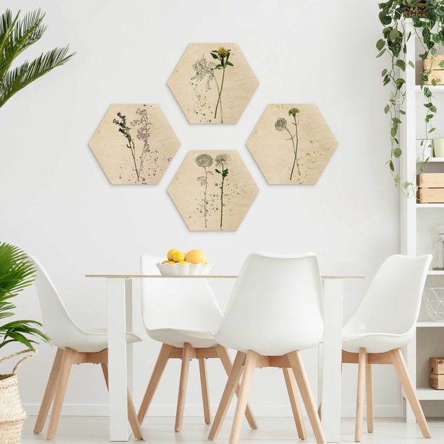Hexagons houten schilderijen - 4-delig Botanical Watercolour Set I