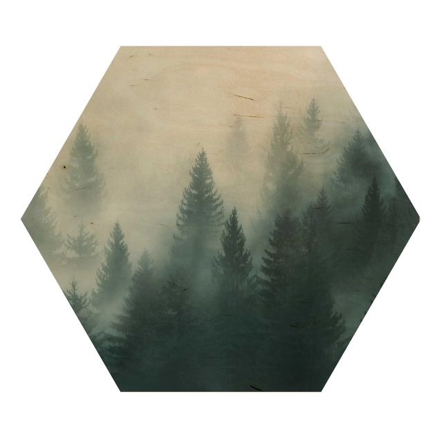 Hexagons houten schilderijen Coniferous Forest In Fog