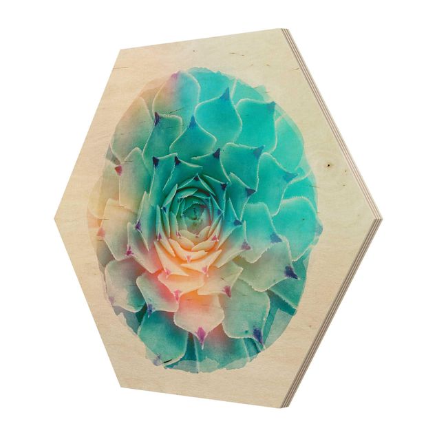 Hexagons houten schilderijen WaterColours - Cactus Agave