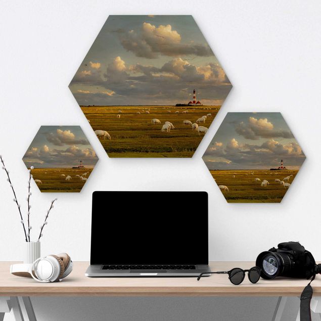 Hexagons houten schilderijen North Sea Lighthouse With Flock Of Sheep