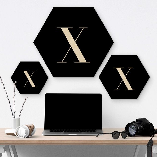Hexagons houten schilderijen Letter Serif Black X