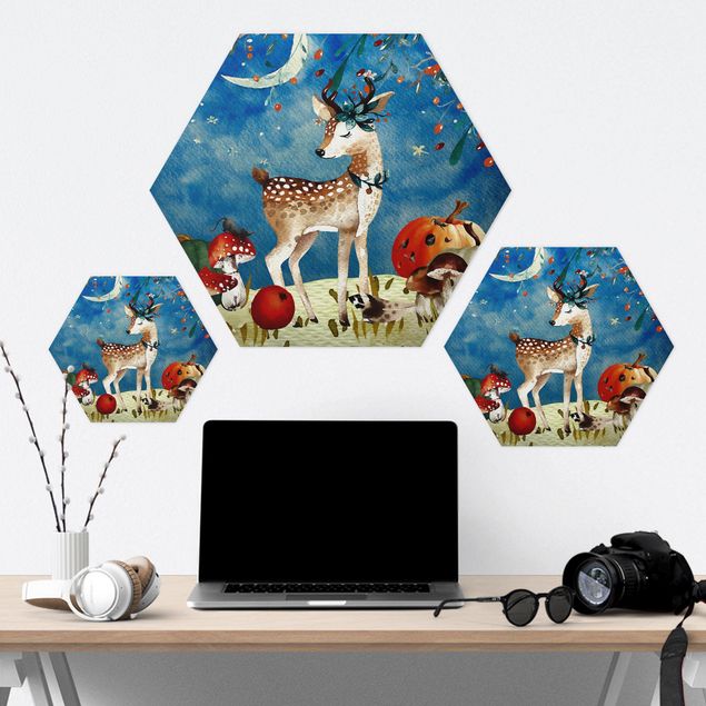 Hexagons Forex schilderijen Watercolor Deer In The Moonlight