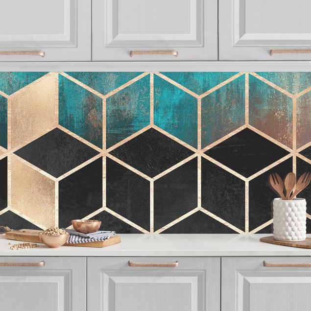 Achterwand voor keuken patroon Turquoise Rosé Golden Geometry