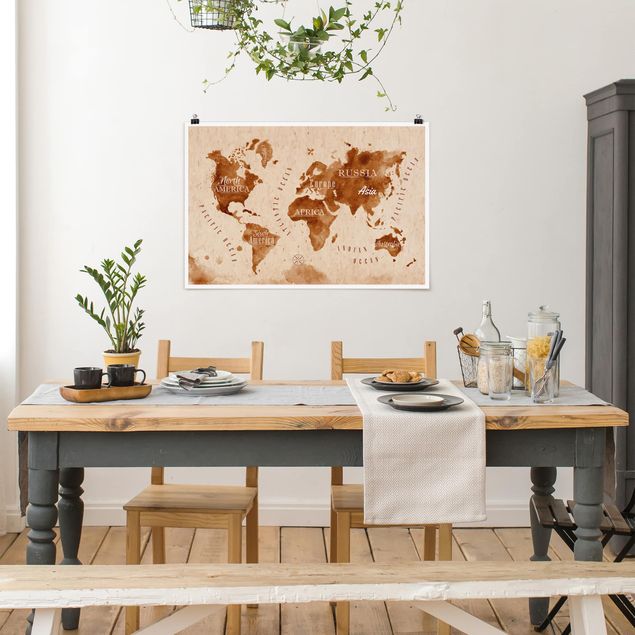 Posters World Map Watercolour Beige Brown