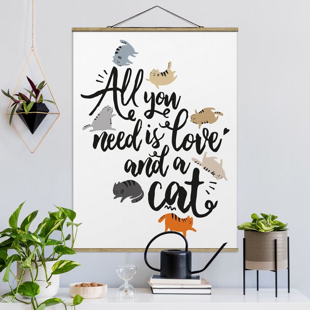 Stoffen schilderij met posterlijst All You Need Is Love And A Cat