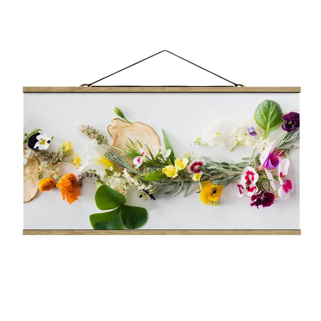 Stoffen schilderij met posterlijst Fresh Herbs With Edible Flowers