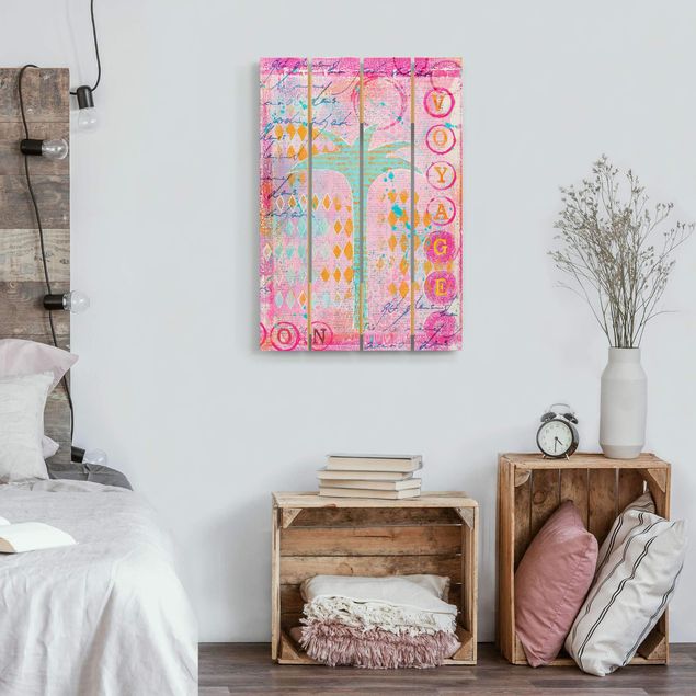 Houten schilderijen op plank Colourful Collage - Bon Voyage With Palm Tree