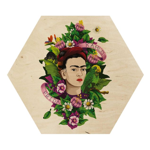 Hexagons houten schilderijen Frida Kahlo - Frida, Monkey And Parrot