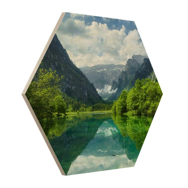 Hexagons houten schilderijen Mountain Lake With Water Reflection