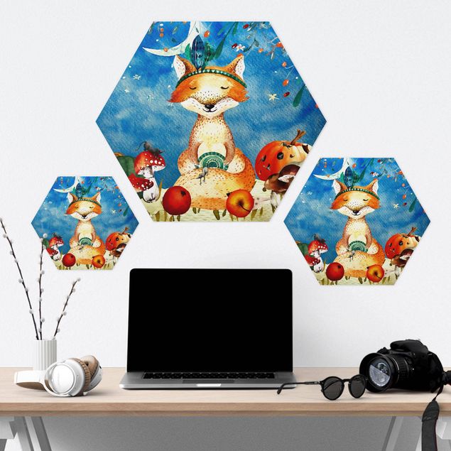Hexagons Forex schilderijen Watercolor Fox In The Moonlight
