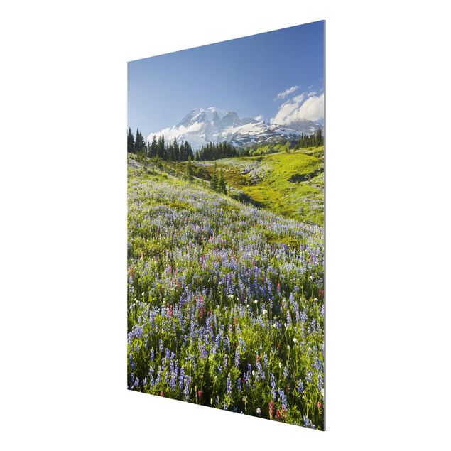 Aluminium Dibond schilderijen - Mountain Meadow With Red Flowers in Front of Mt. Rainier