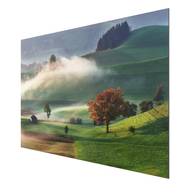 Aluminium Dibond schilderijen Misty Autumn Day Switzerland