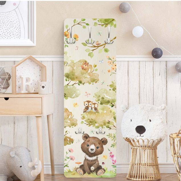 Wandkapstokken houten paneel - Watercolour Bear
