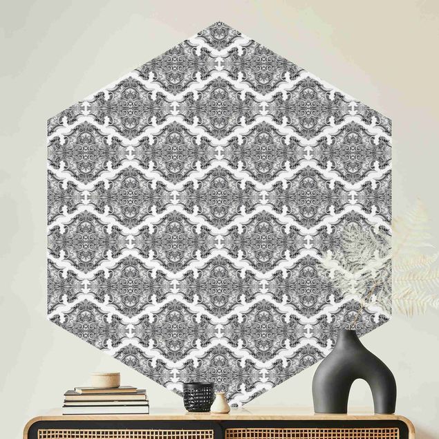 Hexagon Behang Watercolour Baroque Pattern With Ornaments In Gray