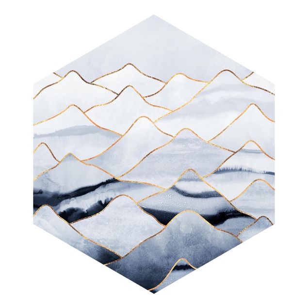 Hexagon Behang Watercolour Mountains White Gold