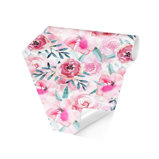 Hexagon Behang Watercolour Flowers Pink With Blue Leaves
