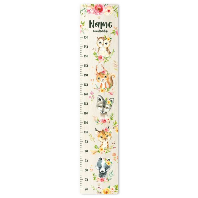 Groeimeter kinderen hout - Watercolour flowers forest animals with custom name