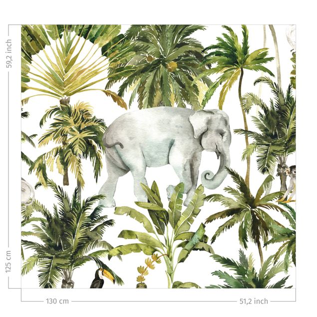 Gordijnen met patroon Watercolour Elephant And Palm Pattern