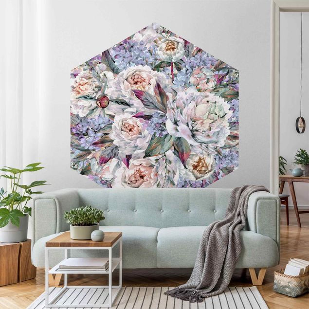 Hexagon Behang Watercolour Lilac Peony Bouquet