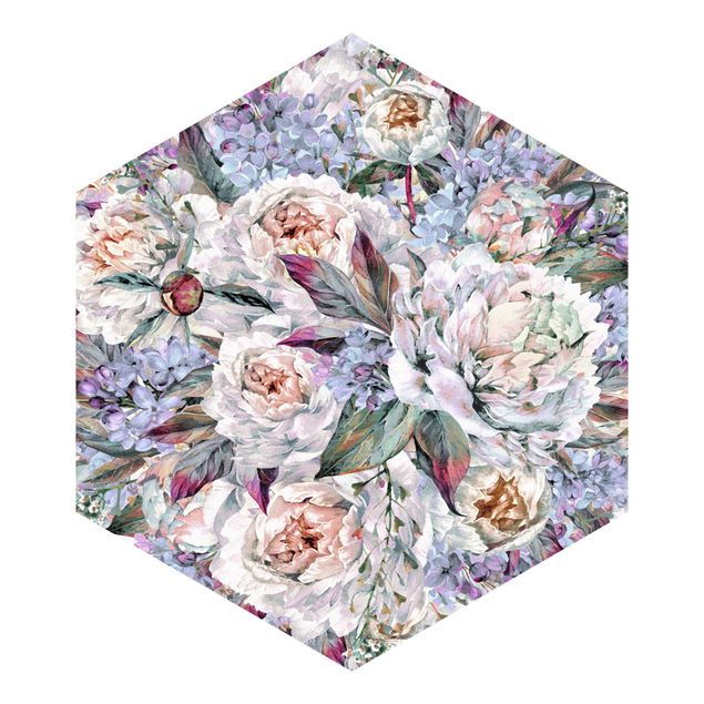 Hexagon Behang Watercolour Lilac Peony Bouquet