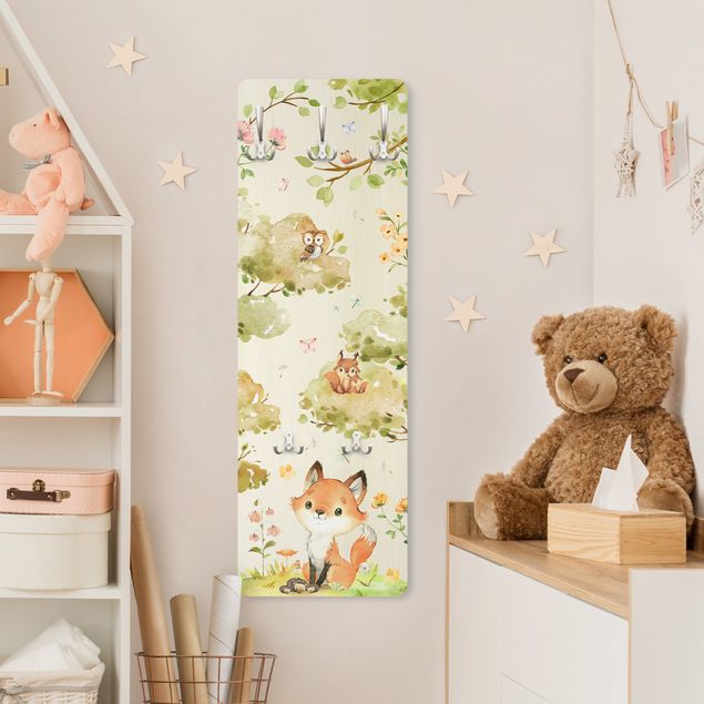 Wandkapstokken houten paneel - Watercolour Fox