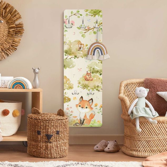 Wandkapstokken houten paneel - Watercolour Fox