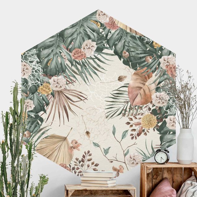 Hexagon Behang Watercolour Dried Flowers With Ferns