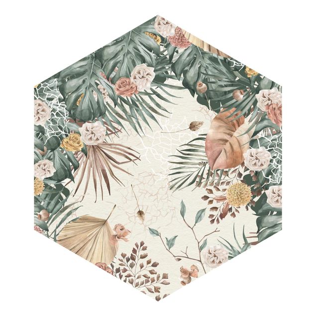 Hexagon Behang Watercolour Dried Flowers With Ferns